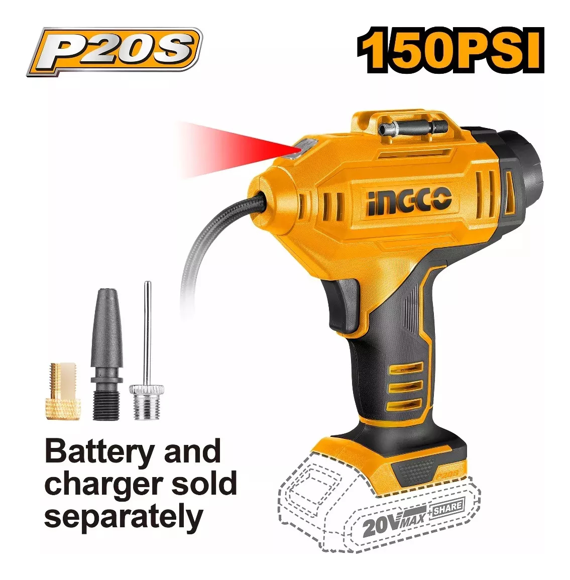 Inflador Compresor 20v P20s Sin Baterias Ingco Cacli2018 - Imagen 2