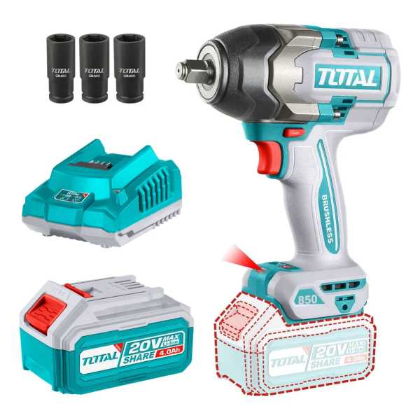 Llave Impacto Total 20v 1/2' 850nm S Carbones Batería Y Carg