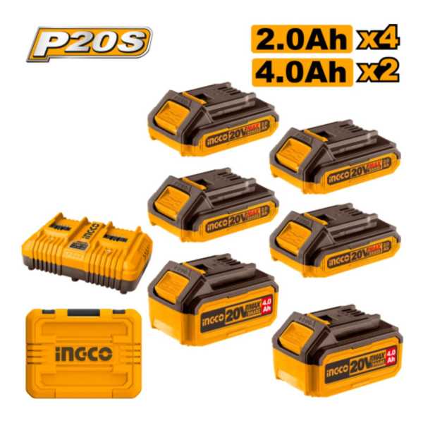 Set X 6 Baterias 20v P20s 4x2ah 2x4ah Cargador Doble Ingco