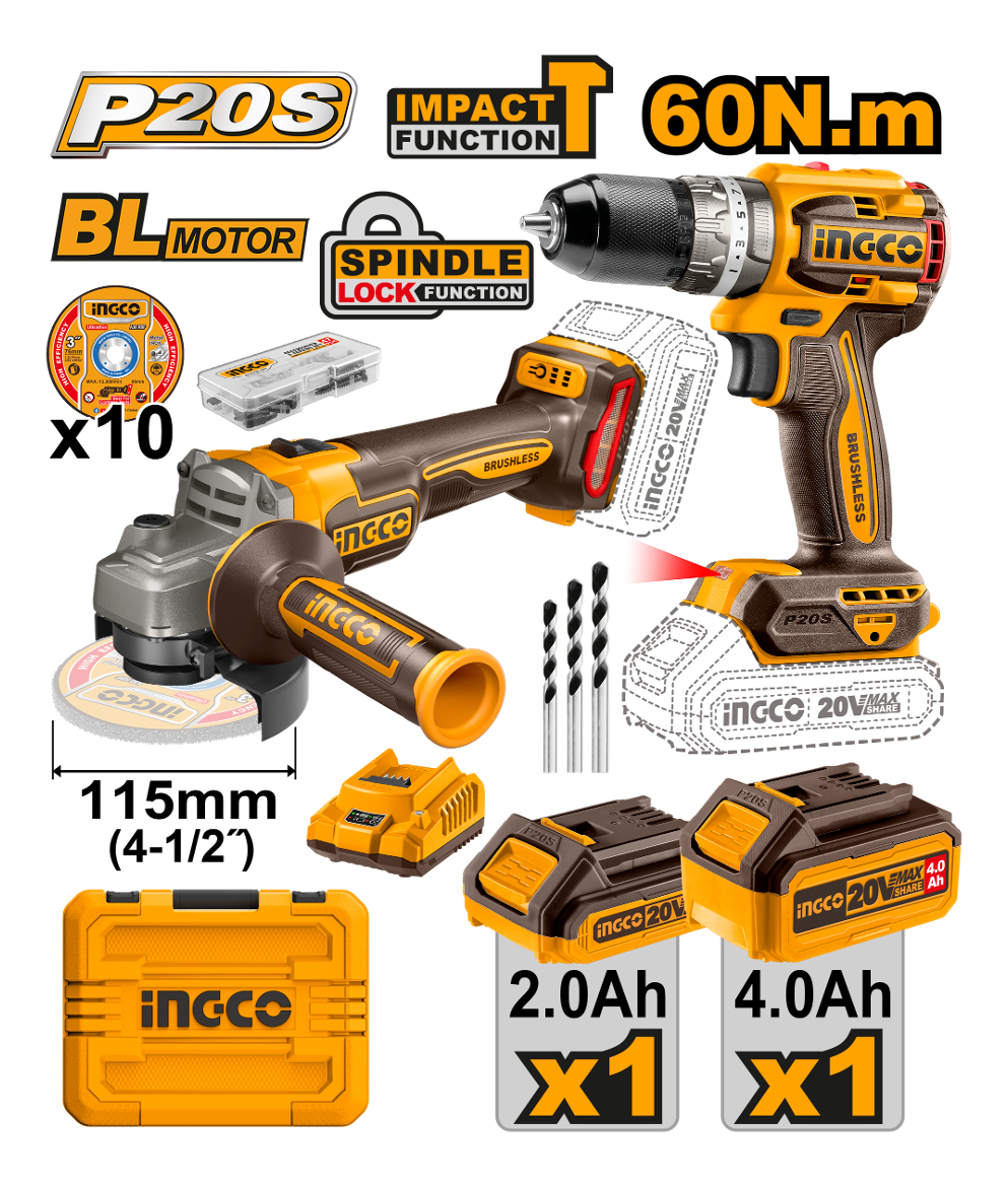 Kit Ingco Atornillador Percutor + Amoladora 20v + Accesorios - Imagen 2