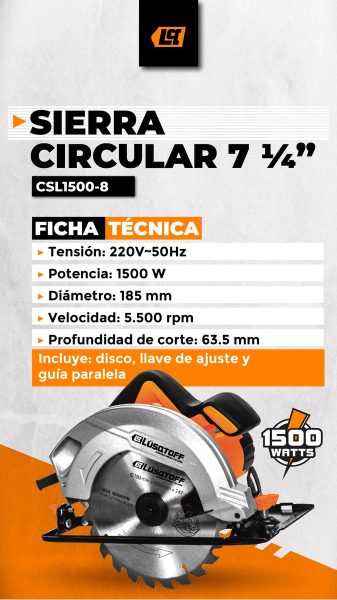 Sierra Circular Eléctrica Lüsqtoff Csl1500-8 185mm 1.5kw - Imagen 2
