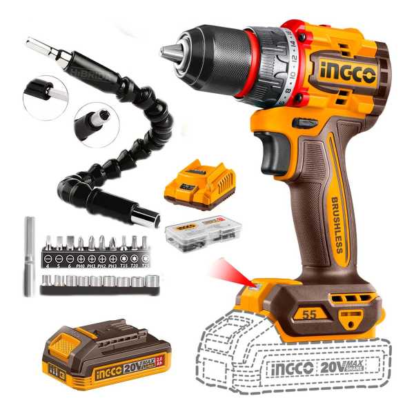 Taladro Inalámbrico 55nm Ingco Brushless+ Extensor 21acs