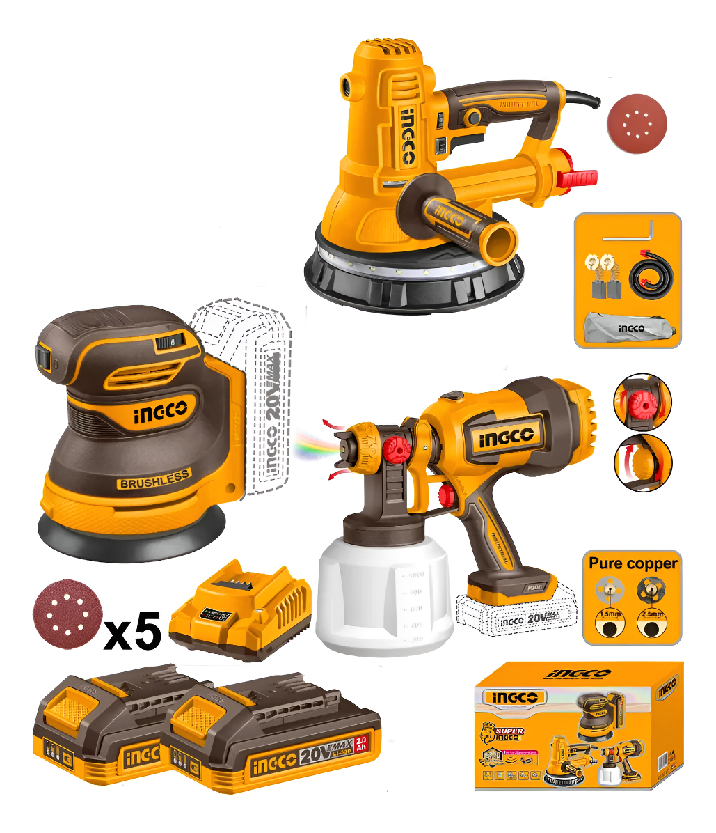 Kit Lijadora Yeso Orbital + Pistola Pintar Ingcco Sli250282