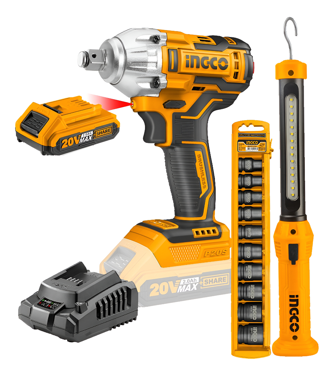 Llave De Impacto 20v 2 Baterías Sin Carbones Ingco + Acceso.
