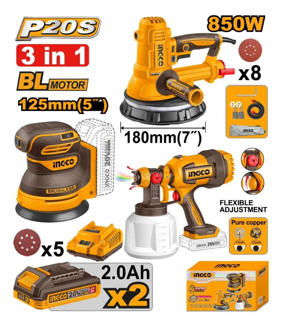 Kit Lijadora Yeso Orbital + Pistola Pintar Ingcco Sli250282 - Imagen 2