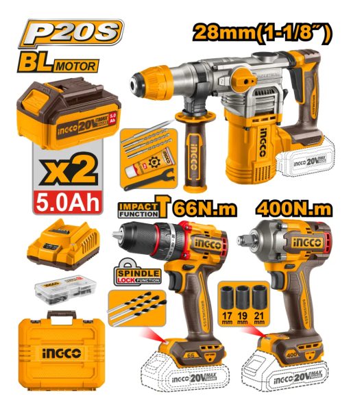 Kit Rotomartillo + Llave De Impacto + Taladro 20v Ingco - Imagen 2