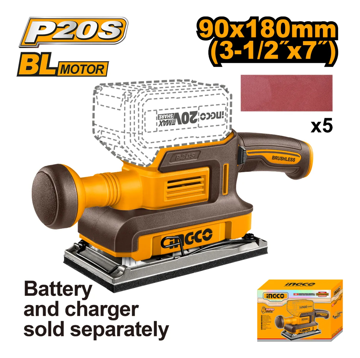 Lijadora Orbital Brushless C/batcar 5 Lijas Ingco Cfsli20311 - Imagen 3