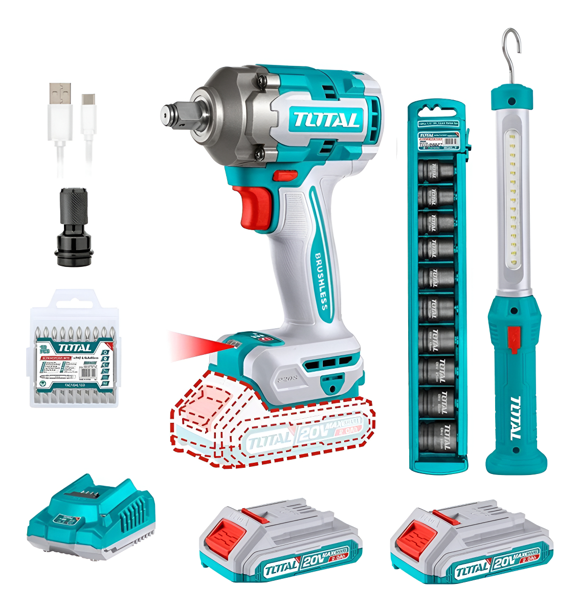 Kit Inalámbrico Total: Llave Impacto 20v 1/2'' Motor Sin Car