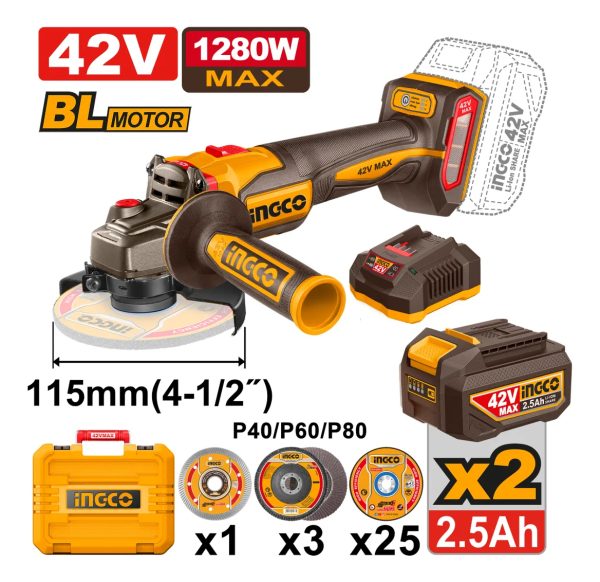Amoladora Inalámbra 42v 2 Baterias + Cargador Ingco - Imagen 2
