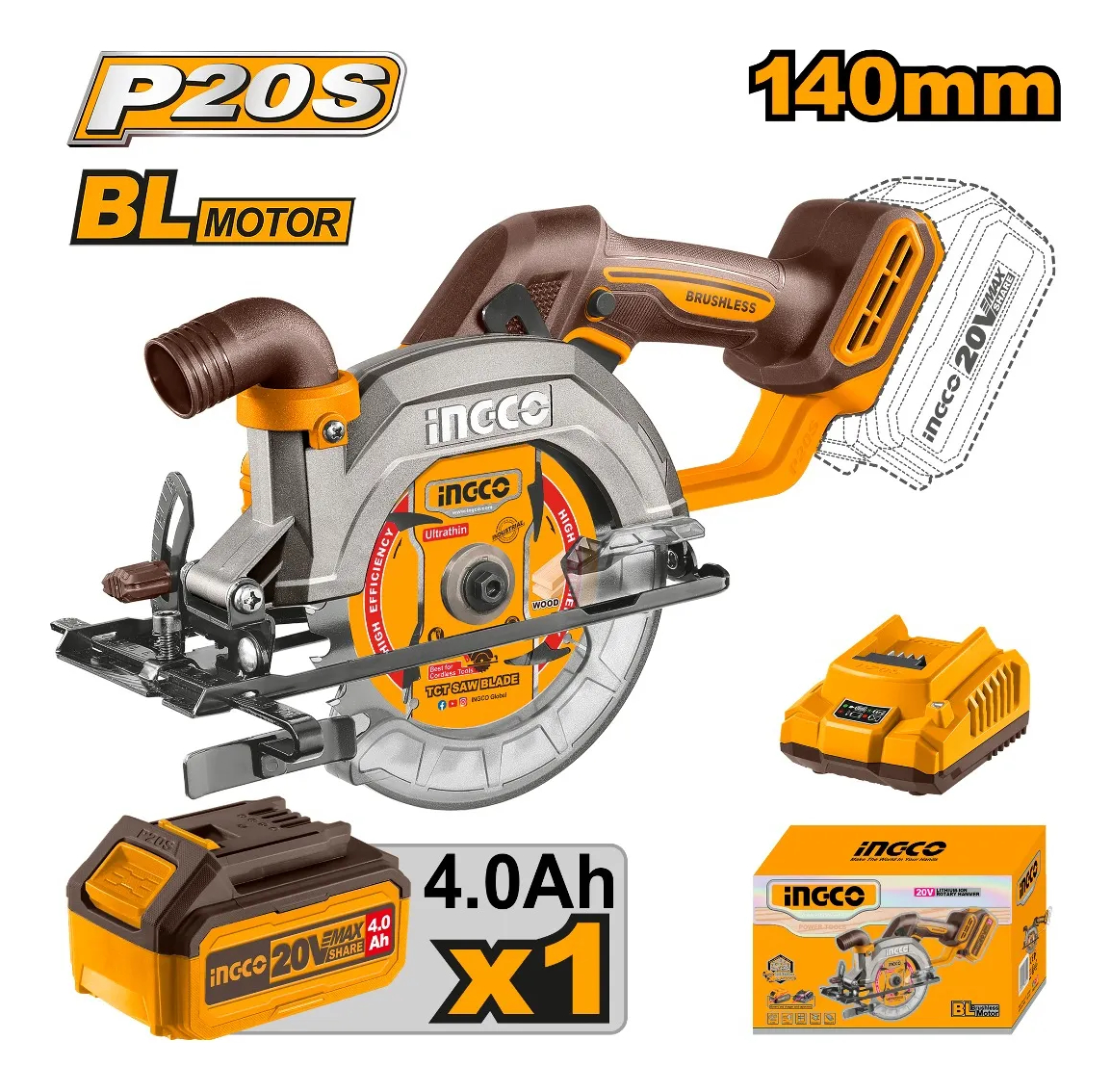 Sierra Circular 20v P20s 140mm C/carg C/bat Ingco Csli14021 - Imagen 2