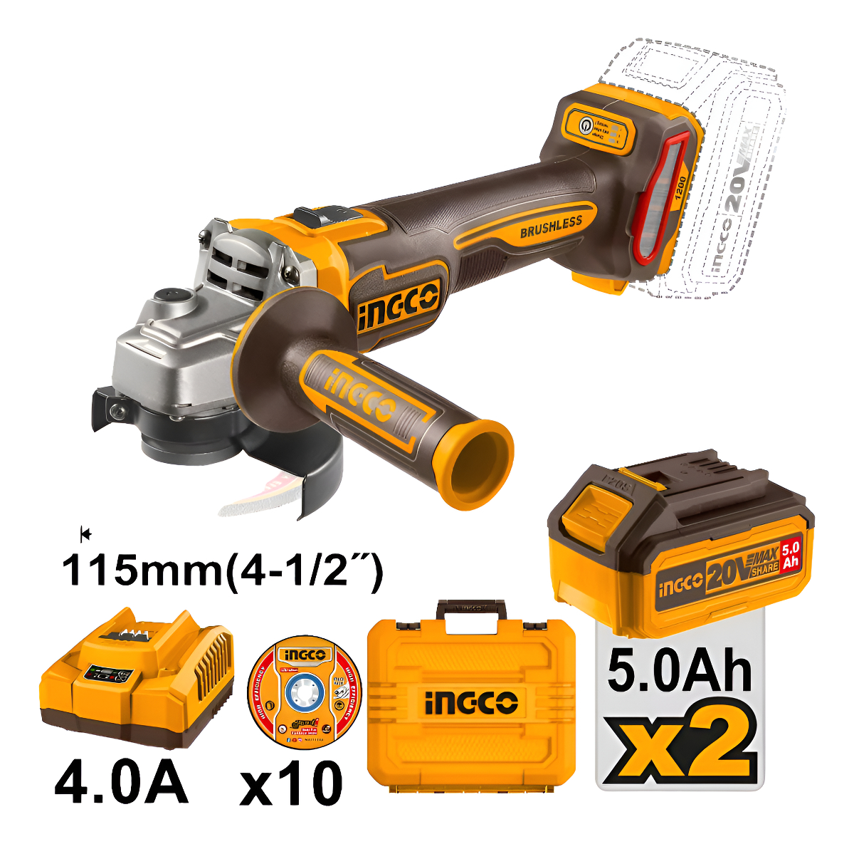 Amoladora 4 1/2 1200w Bat Y Carg Valija Ingco Cagli2211532