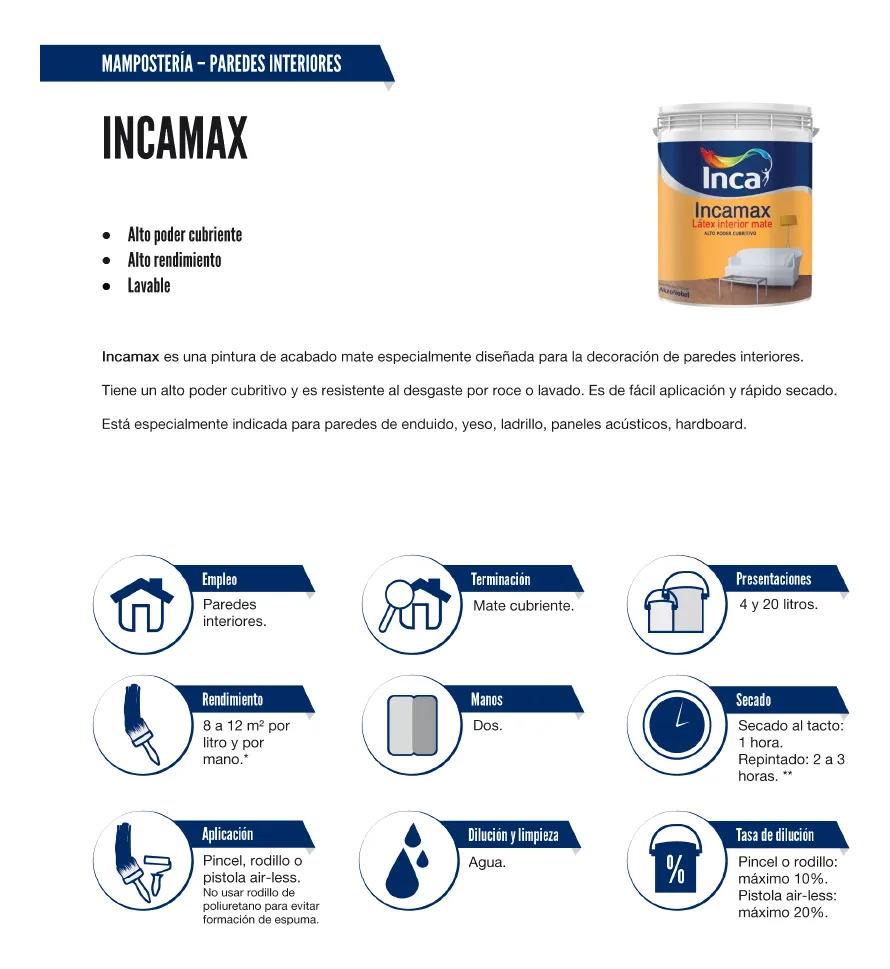 Pintura Latex Inca Incamax Pared Interiores Blanco Mate 4lts - Imagen 2