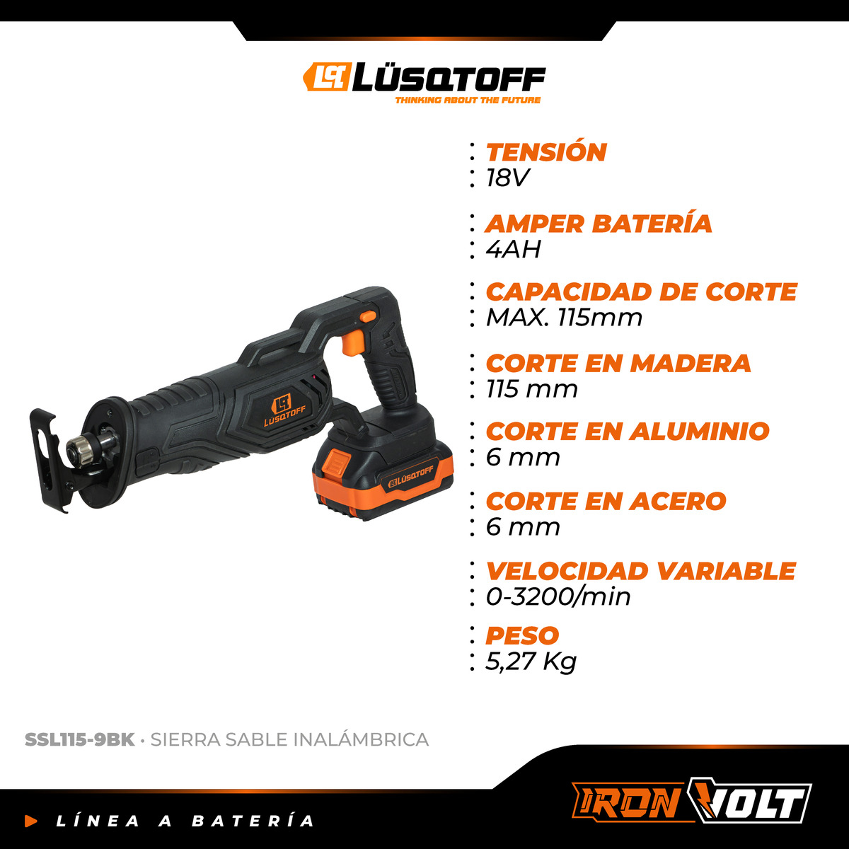 Sierra Sable Inalambrica A Bateria Profesional 4 Ah Ssl115-9bk Lusqtoff - Imagen 7