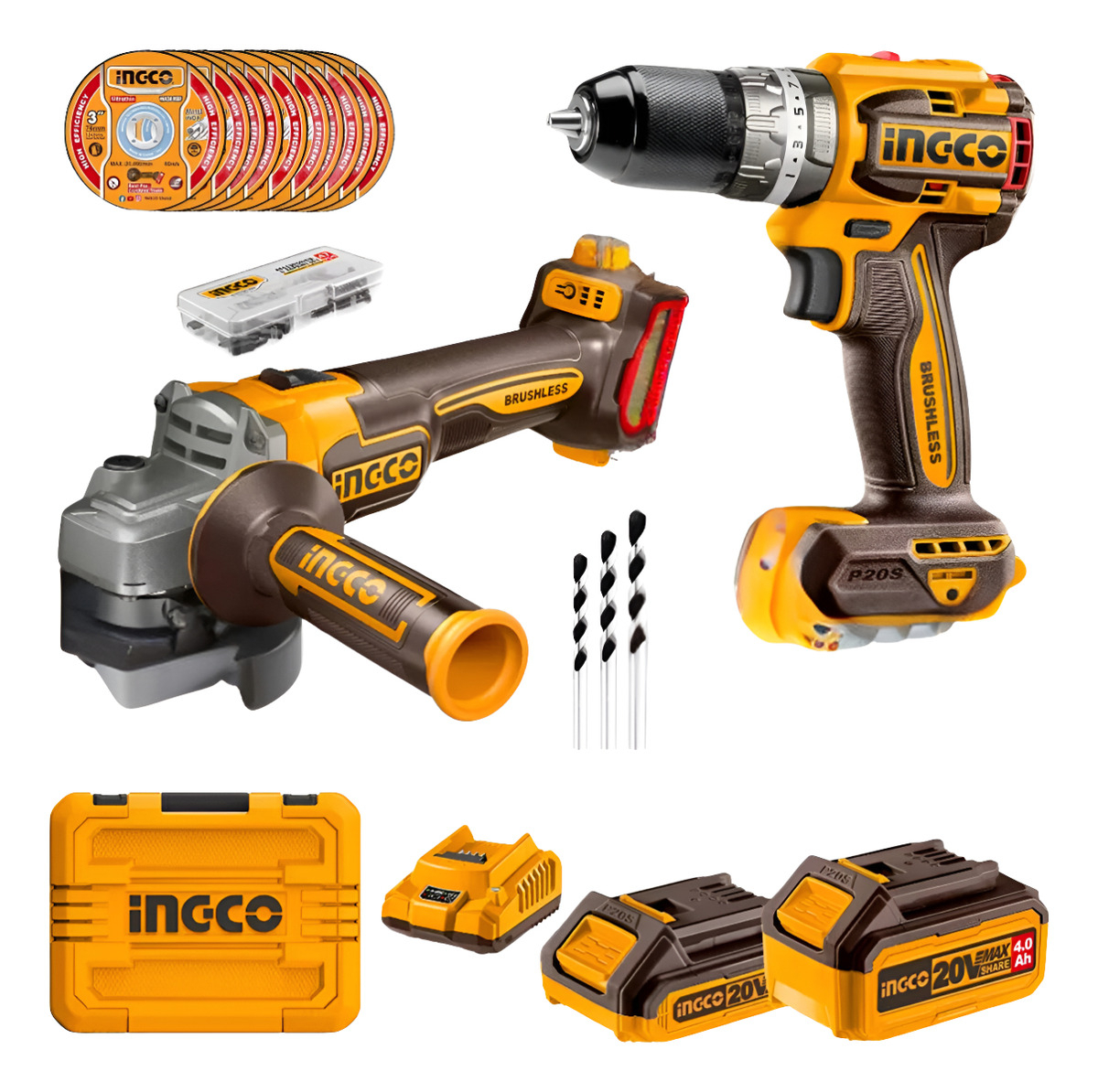 Kit Ingco Atornillador Percutor + Amoladora 20v + Accesorios Color Naranja Frecuencia 50 60hz