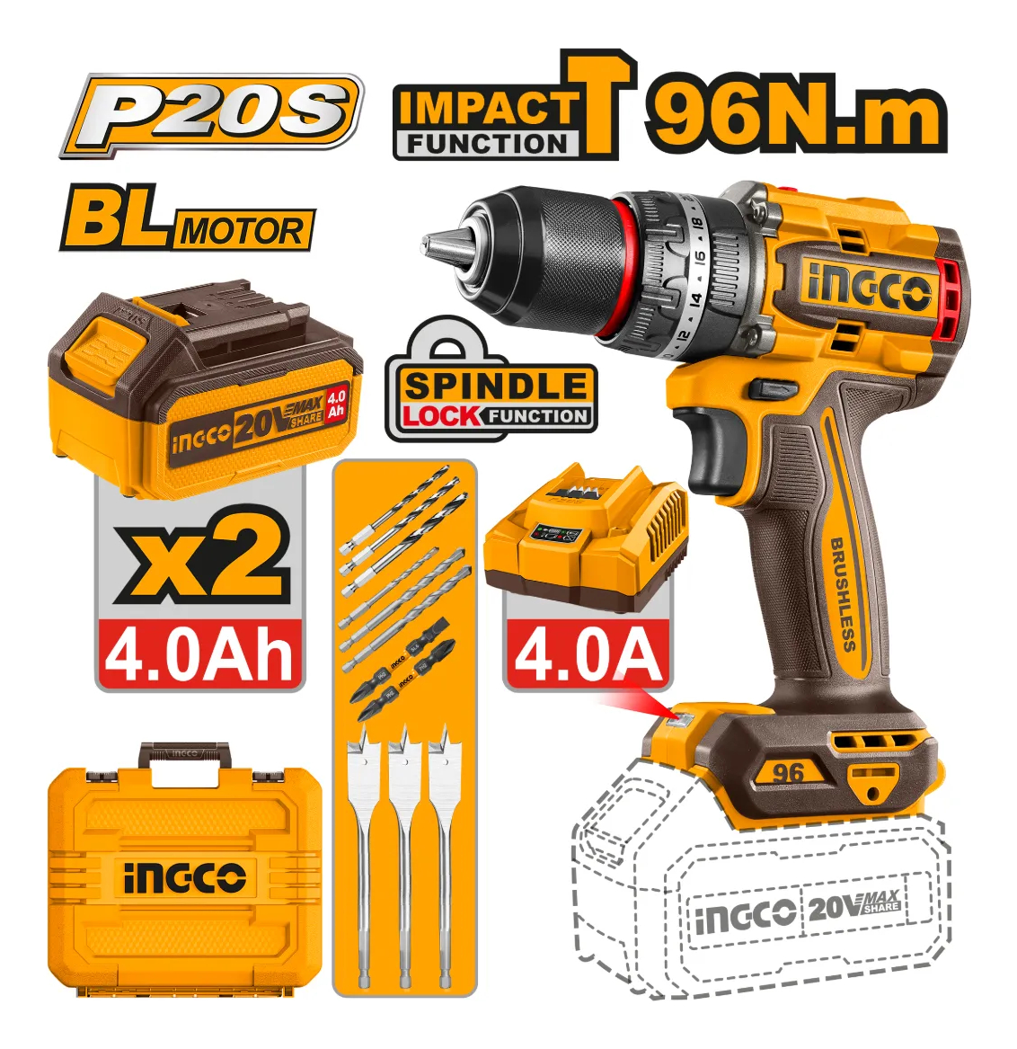 Taladro Atornillador Percutor 96nm Valija Ingco Cidli20968 - Imagen 2