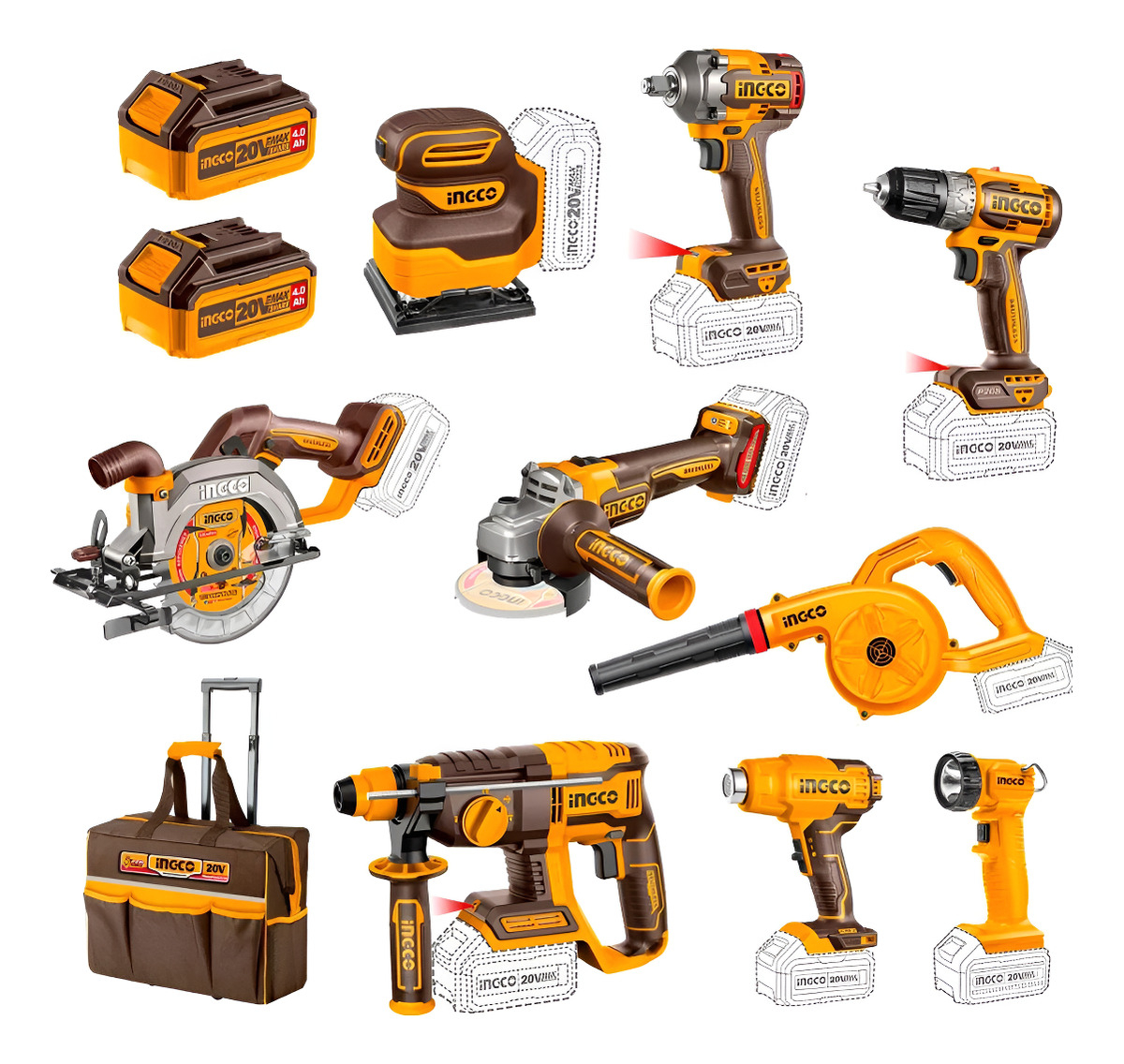 Super Combo 9 Herramientas Inalámbricas Ingco 20v + Maleta