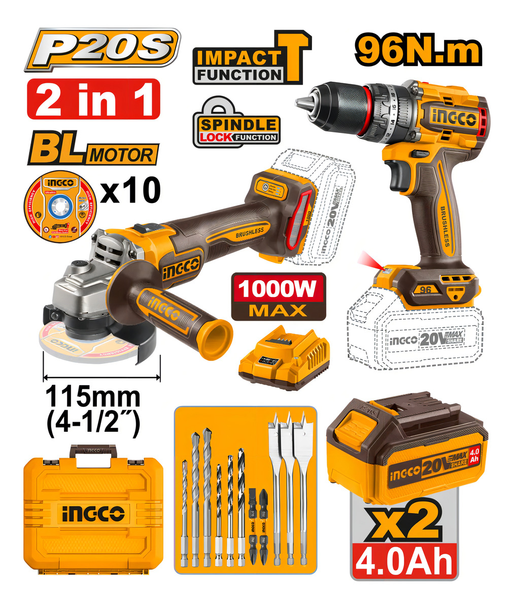 Kit A Bateria Ingco Taladro Atornillador Con Percutor + Amoladora P20s 20v Cosli241298 - Imagen 3
