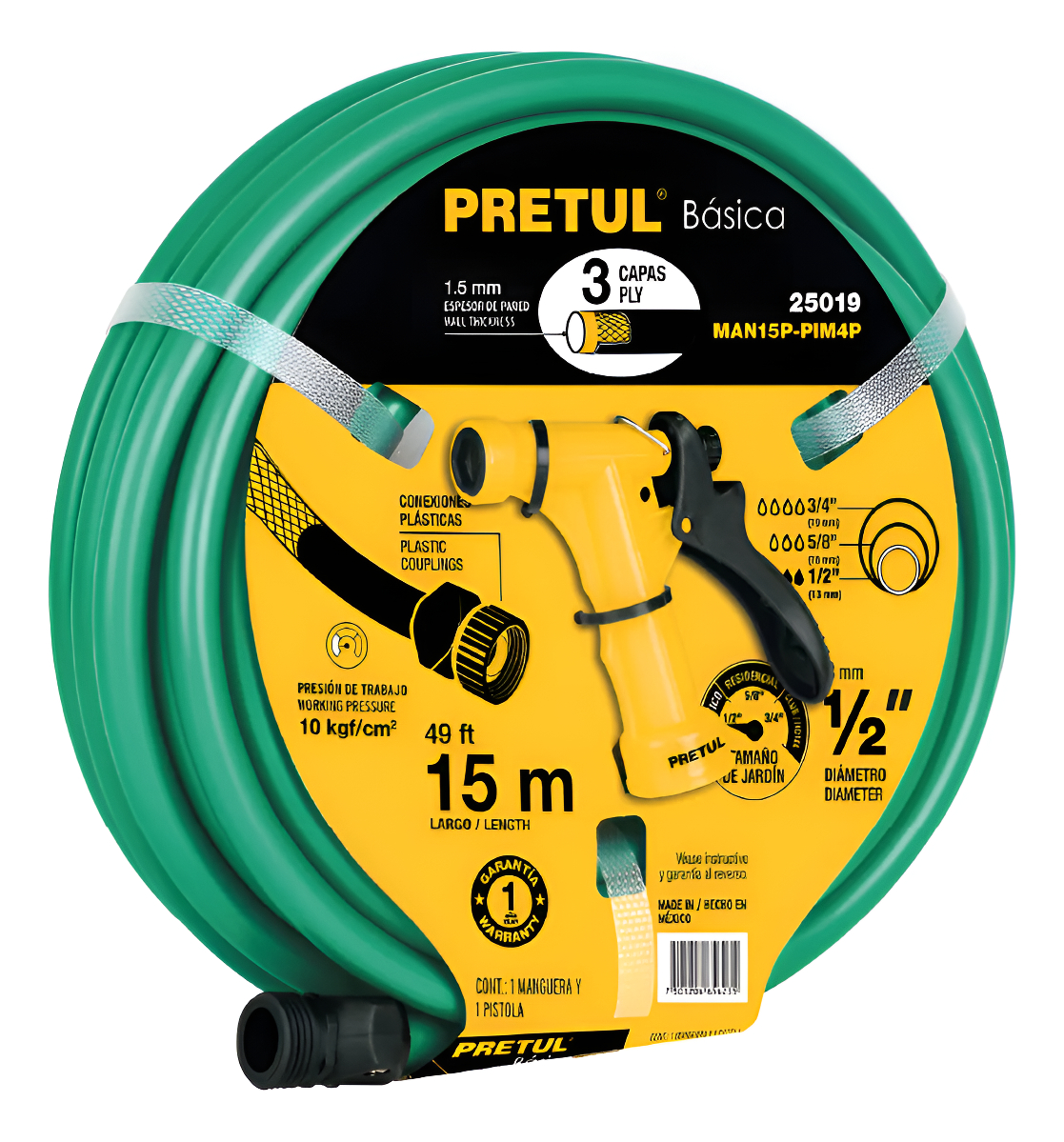 Manguera Riego 2 Capas 1/2+ Pistola Plást 15m Pretul