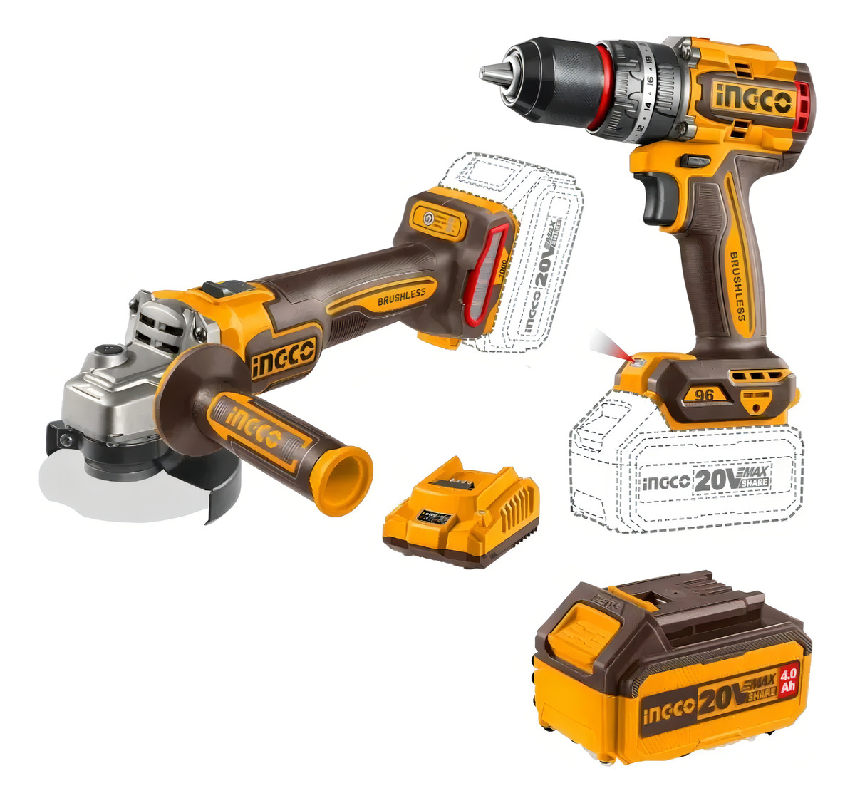 Kit A Bateria Ingco Taladro Atornillador Con Percutor + Amoladora P20s 20v Cosli241298 - Imagen 2