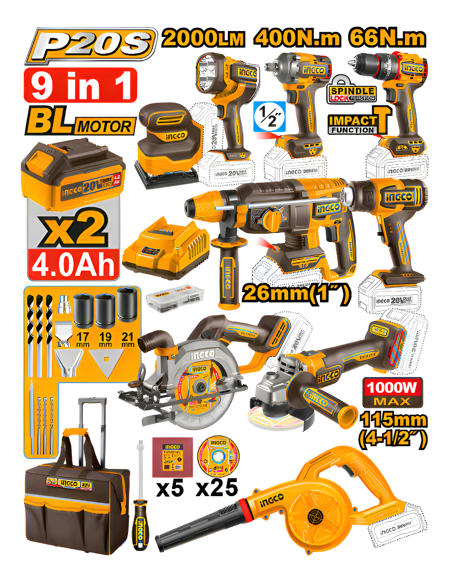 Ingco Cosli250381 Kit Combo 9 Herramientas 20v 2 Baterías