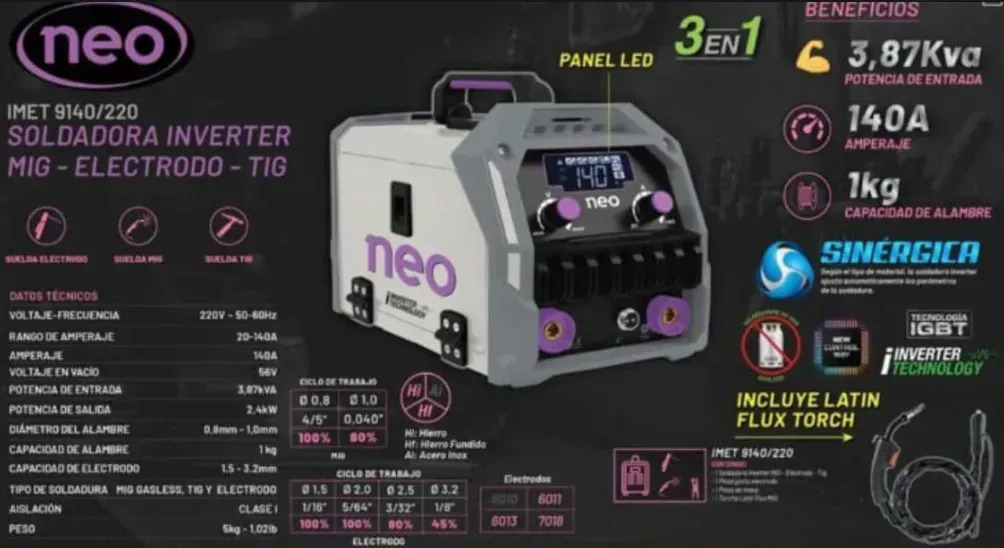 Soldadora Mig Flux Inverter Mma Tig 140a Neo Imet 9140/220 - Imagen 2