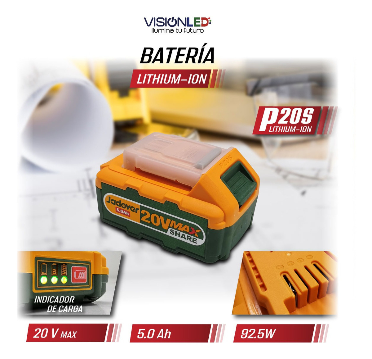 Bateria Ion Litio 20v 5.0 Ah Indicador Led Jadever Jdlbp550 - Imagen 3