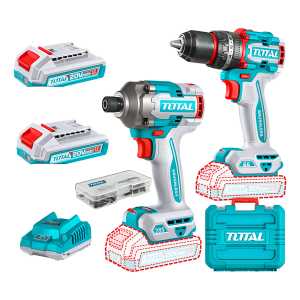 Kit Inalámbrico Total 20v Sin Carbones : Atornillador Impacto 1/4'' 285nm + Percutor 66nm - Con 2 Baterías 2.0ah Litio-ion, Cargador, Maletín, Dados Y Puntas - Tckli20277