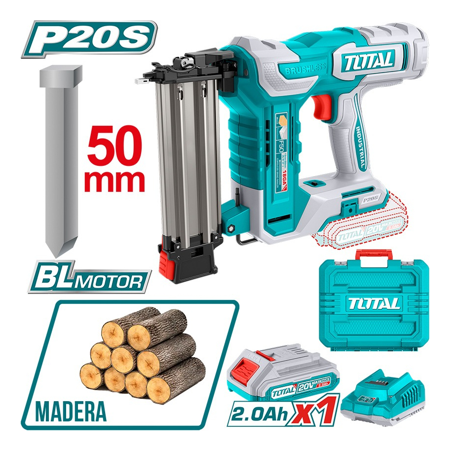 Clavadora Inalámbrica Total Para Madera, Motor Sin Carbones - Con 1 Batería 2.0ah Litio-ion, Cargador, 1000 Clavos De 50mm Y Maletín - Tcbnli5008 - Imagen 3