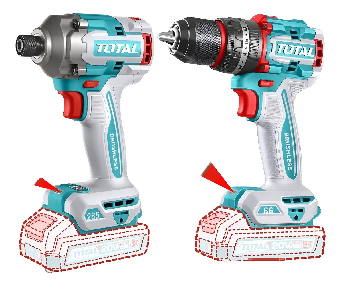 Kit Inalámbrico Total 20v Sin Carbones : Atornillador Impacto 1/4'' 285nm + Percutor 66nm - Con 2 Baterías 2.0ah Litio-ion, Cargador, Maletín, Dados Y Puntas - Tckli20277 - Imagen 2