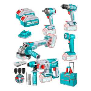 Kit Inalámbrico Total 20v: Atornillador + Rotomartillo + Llave De Impacto + Amoladora + Foco - Con 2 Baterías 4.0ah + Cargador Rápido + Valija - Tckli2058