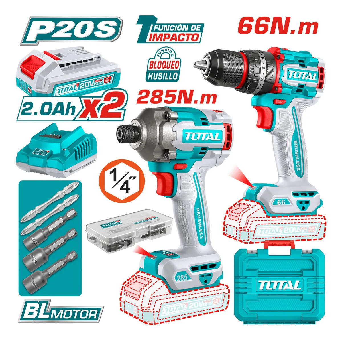 Kit Inalámbrico Total 20v Sin Carbones : Atornillador Impacto 1/4'' 285nm + Percutor 66nm - Con 2 Baterías 2.0ah Litio-ion, Cargador, Maletín, Dados Y Puntas - Tckli20277 - Imagen 3