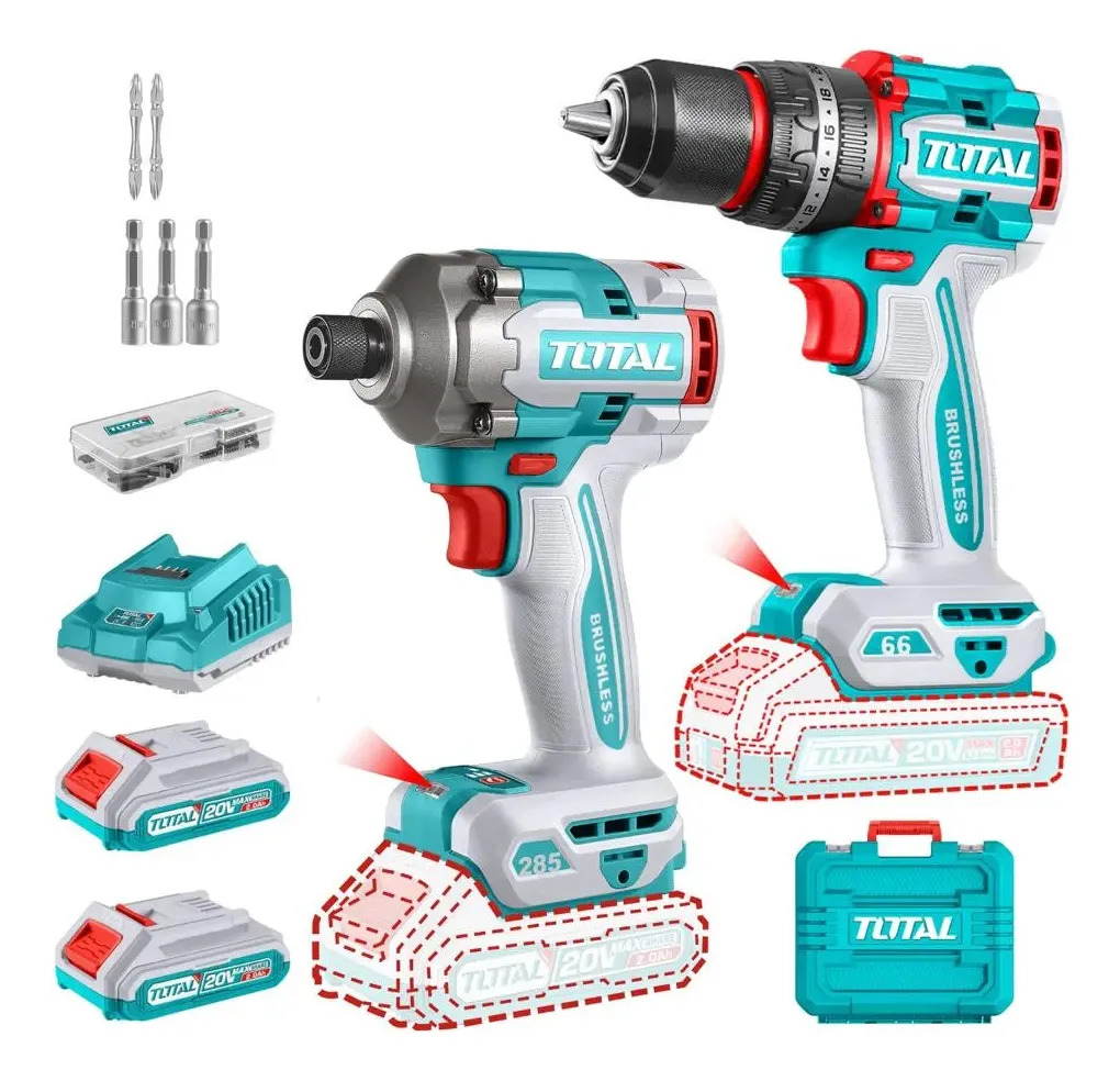 Kit Inalámbrico Total 20v Sin Carbones : Atornillador Impacto 1/4'' 285nm + Percutor 66nm - Con 2 Baterías 2.0ah Litio-ion, Cargador, Maletín, Dados Y Puntas - Tckli20277 - Imagen 4