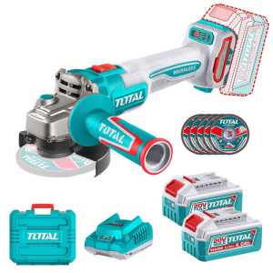 Amoladora Inalámbrica Total 20v Industrial - Motor Sin Carbones 900w - 4.1/2 Pulgadas, 115mm - Con 2 Baterías 4.0ah Litio-ion, Cargador, 5 Discos Y Maletín - Tagli261522 Turquesa