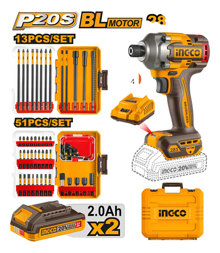 Atornillador Impacto 20v Bl 285nm C/2 Bat 2.0ah Ingco