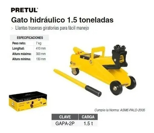 Gato Hidráulico Pretul Manual De 1.5 Toneladas Gapa-2p - Imagen 2