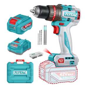 Taladro Percutor Y Atornillador Inalámbrico Total 42v, Industrial, Motor Sin Carbones - Mandril 13mm, 69nm - Con Batería 2.0ah Litio-ion, Cargador, Maletín, Mechas Y Puntas - Tidli426981 Turquesa