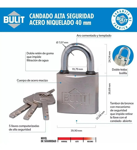 Candado Bulit De Acero Niquelado 40mm Con 3 Llaves - Imagen 3