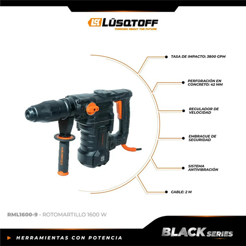 Rotomartillo Demoledor Percutor Sds Max 1600w 10joules 50 Hz Rml1600-9 Lusqtoff Negro - Imagen 3