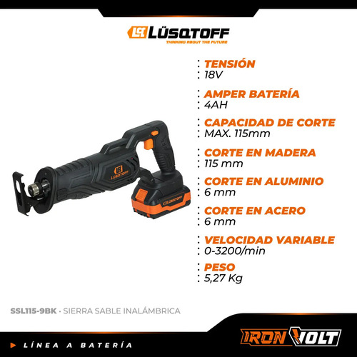 Sierra Sable Inalambrica A Bateria Profesional 4 Ah Ssl115-9bk Lusqtoff - Imagen 7