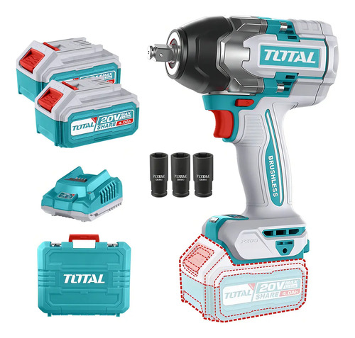 Llave, Pistola De Impacto Inalámbrica Total 20v Industrial - Motor Brushless, Sin Carbones, Encastre 1/2'', Torque 850nm... 50 60hz Turquesa