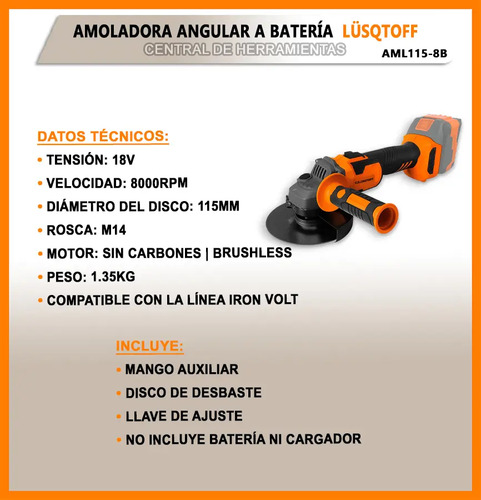 Amoladora Angular Inalambrica 115mm Brushless Lusqtoff Naranja 50 Hz/60 Hz - Imagen 2