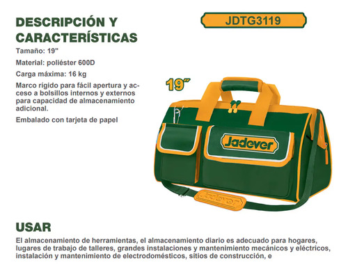 Bolso Para Herramientas 19 Pulgadas Jadever Color Verde - Imagen 2