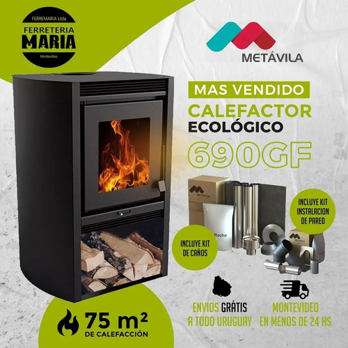 Estufa Calefactor Leña 78m2 Kit Codos + Kit Caños Acero Inox - Imagen 3