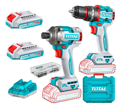 Kit Inalámbrico Total 20v Sin Carbones : Atornillador Impacto 1/4'' 285nm + Percutor 66nm - Con 2 Baterías 2.0ah Litio-ion, Cargador, Maletín, Dados Y Puntas - Tckli20277