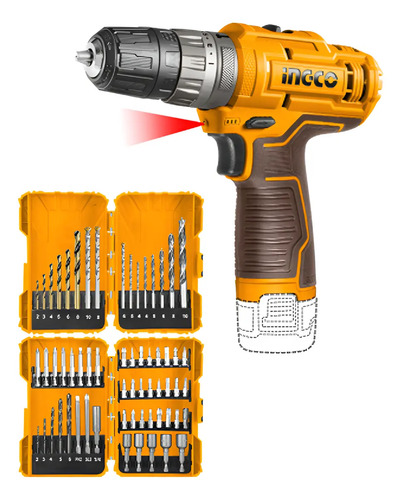 Kit Atornillador A Bateria 12v Percutor 20nm + Mechas Ingco