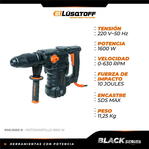 Rotomartillo Demoledor Percutor Sds Max 1600w 10joules 50 Hz Rml1600-9 Lusqtoff Negro - Imagen 2