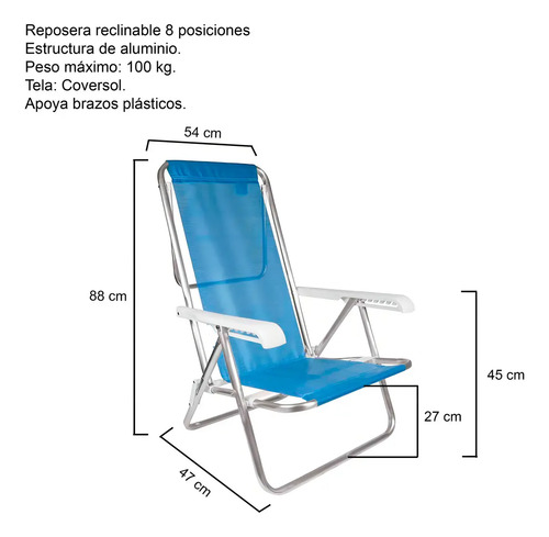 Reposera Silla Plegable Mor 8 Posiciones Azul Resistente - Imagen 7