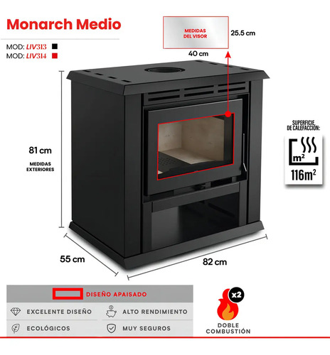 Calefactor Leña Ecologico Doble Combustion Monarch 140 Mt2 - Imagen 2