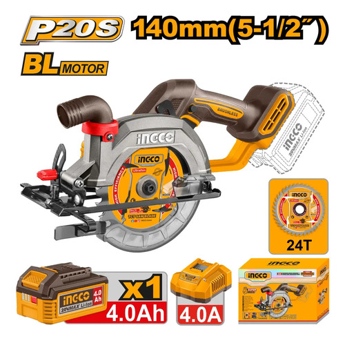 Sierra Circular Ingco 20v 140mm Bl Con Bat 4.0ah Y Carg 4.0a - Imagen 2