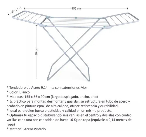 Tender Secarropa Plegable 11,80 Mts Ropa Acero Con Alas Mor - Imagen 8